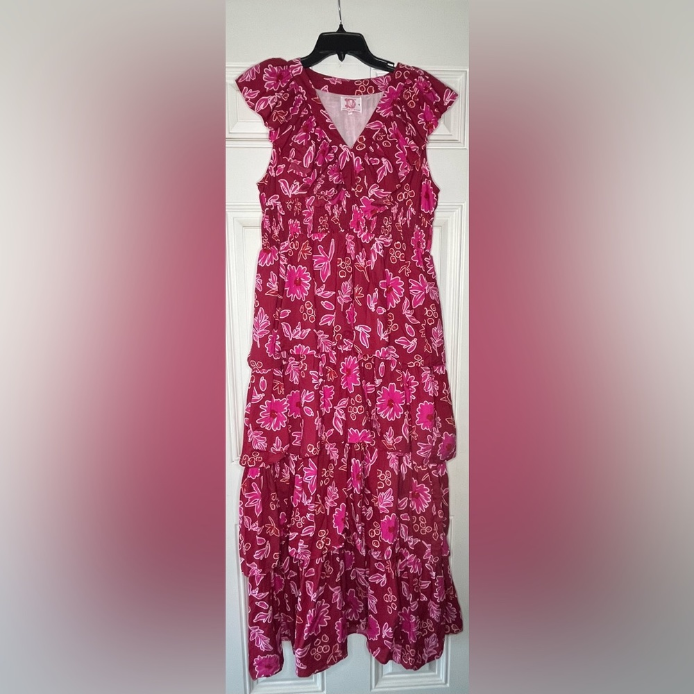 Victoria Dunn cotton maxi floral tiered dress in red pink ruffle sleeve size xl - Picture 7 of 7